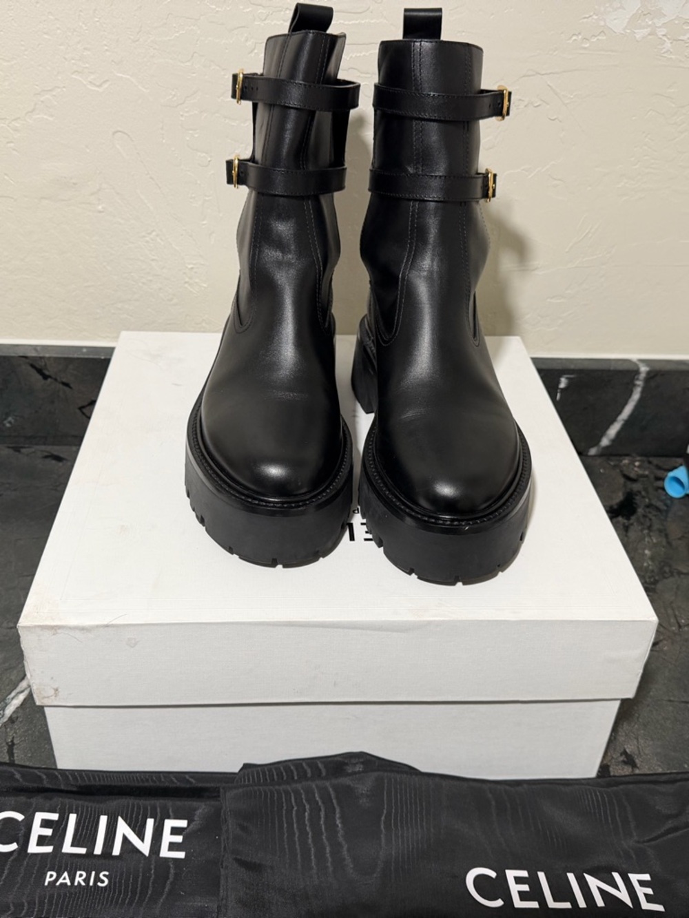 Celine Black Leather Double-Buckle Platform Ankle Boots - Picture 6 of 6